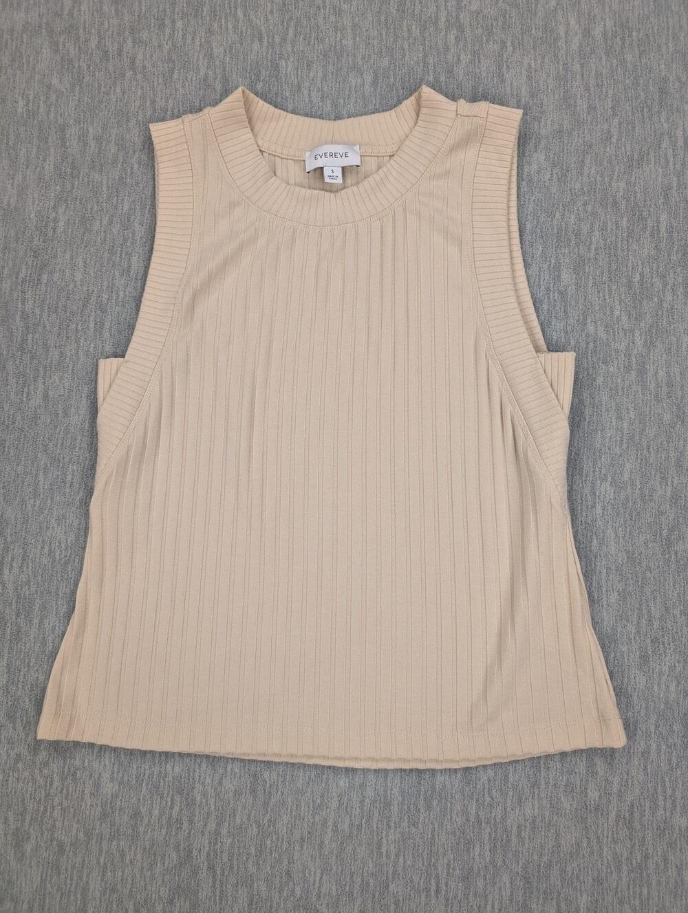 Evereve Tank Top Women S Beige Ribbed Sleeveless Crew Neck Stretch Minimalist